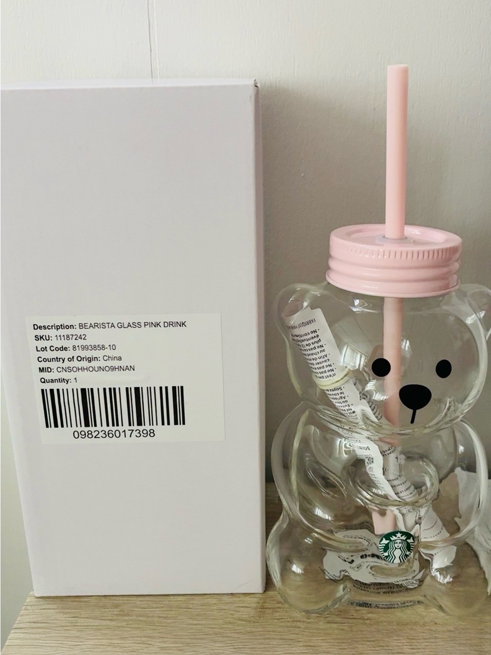 Starbucks Bearista Pink Glass Drink Bottle with Straw
